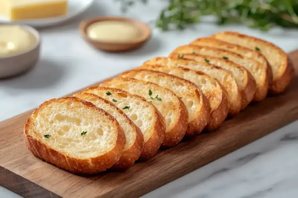 Toasted baguette slices on a wooden board on marble