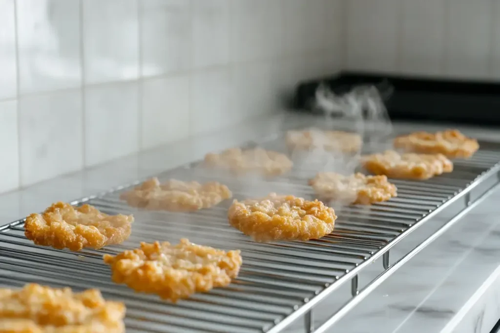 Freshly air-fried onion rings cooling on a rack.