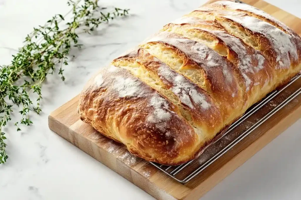 Artisan Italian Bread Cooling on Rack Over Marble