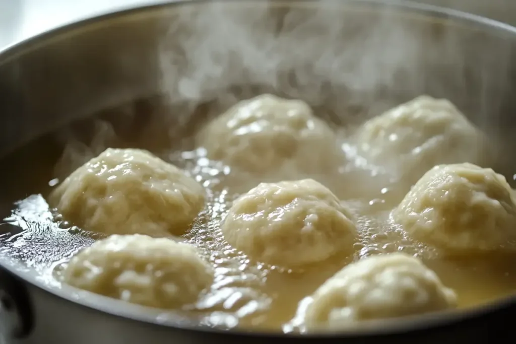 Bisquick dumplings cooking in a simmering pot of broth