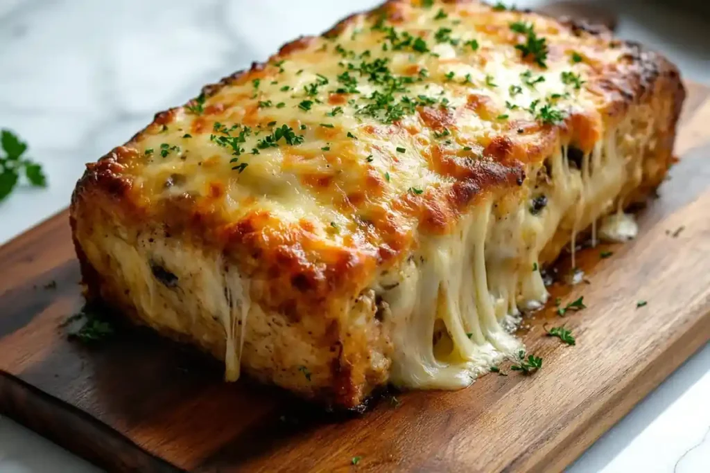 Baked chicken cordon bleu meatloaf with steam rising