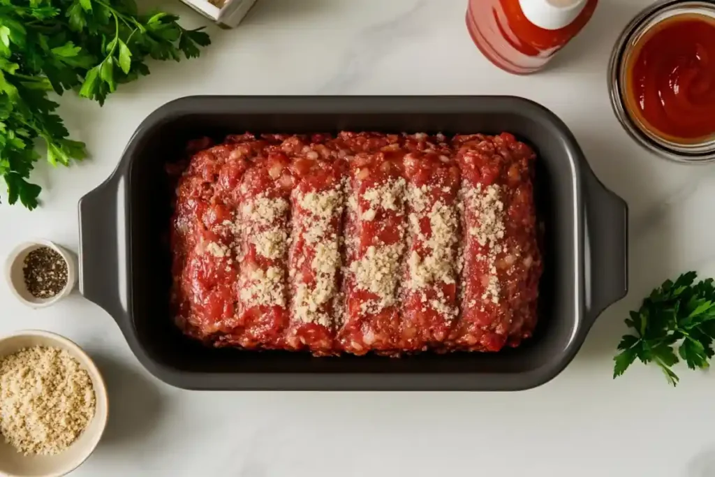 Meatloaf mixture in loaf pan with ingredients around