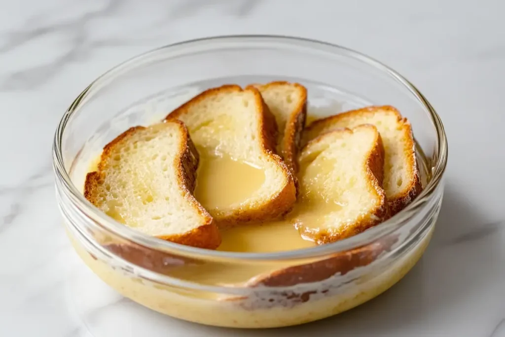 Bread soaking in custard mixture on marble countertop