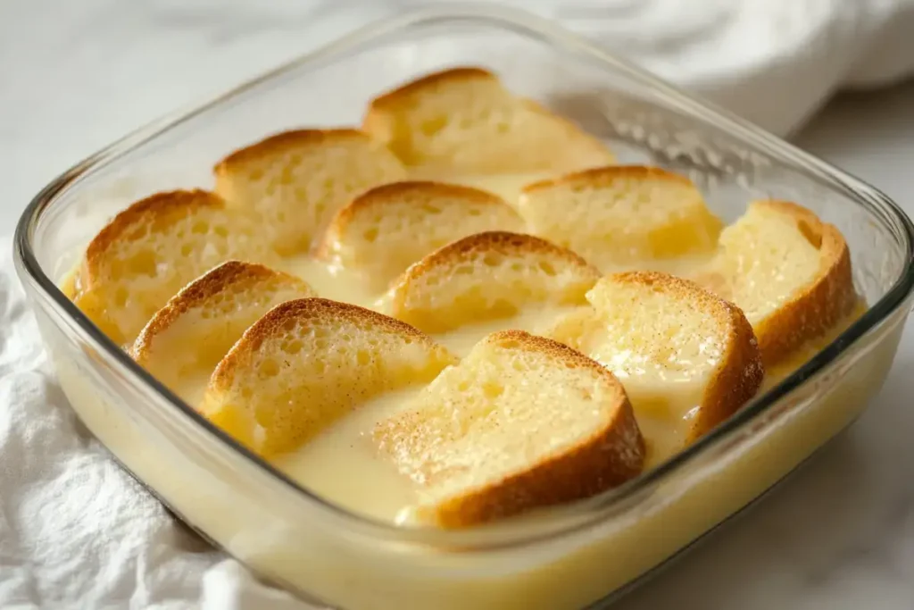 Bread soaking in custard mixture in glass dish