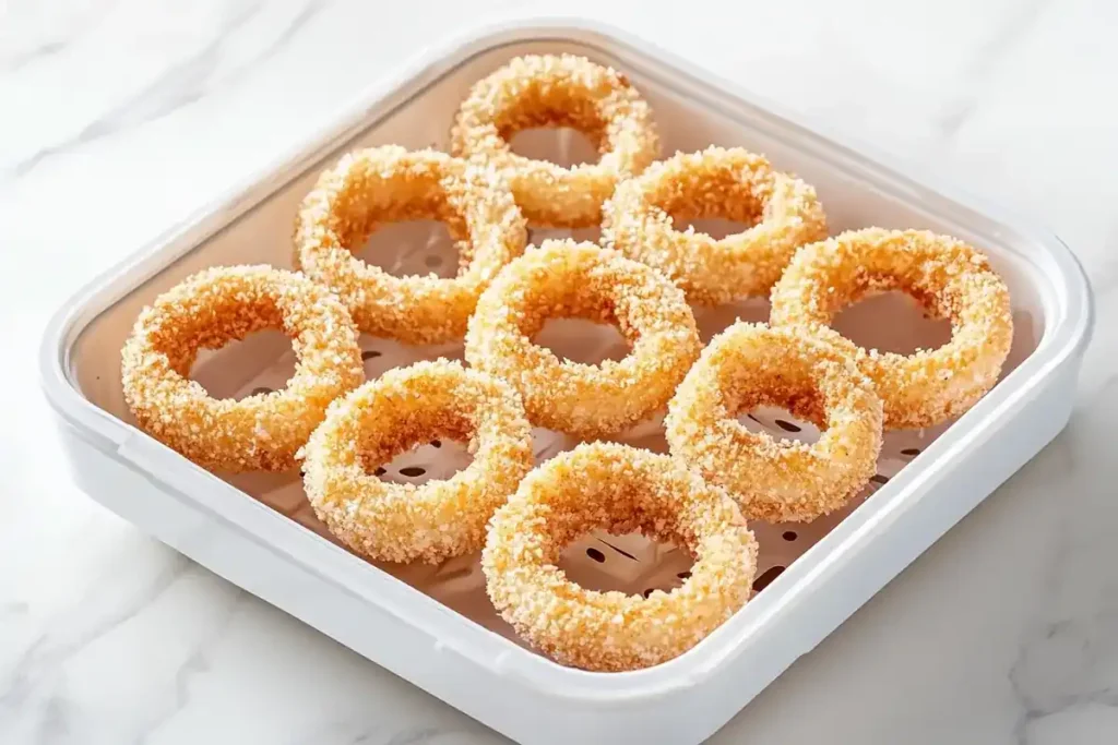 Uncooked onion rings in air fryer basket