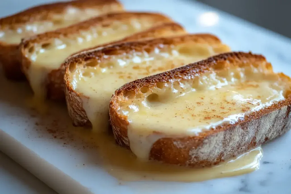 Sourdough bread dipped in custard mixture for French toast