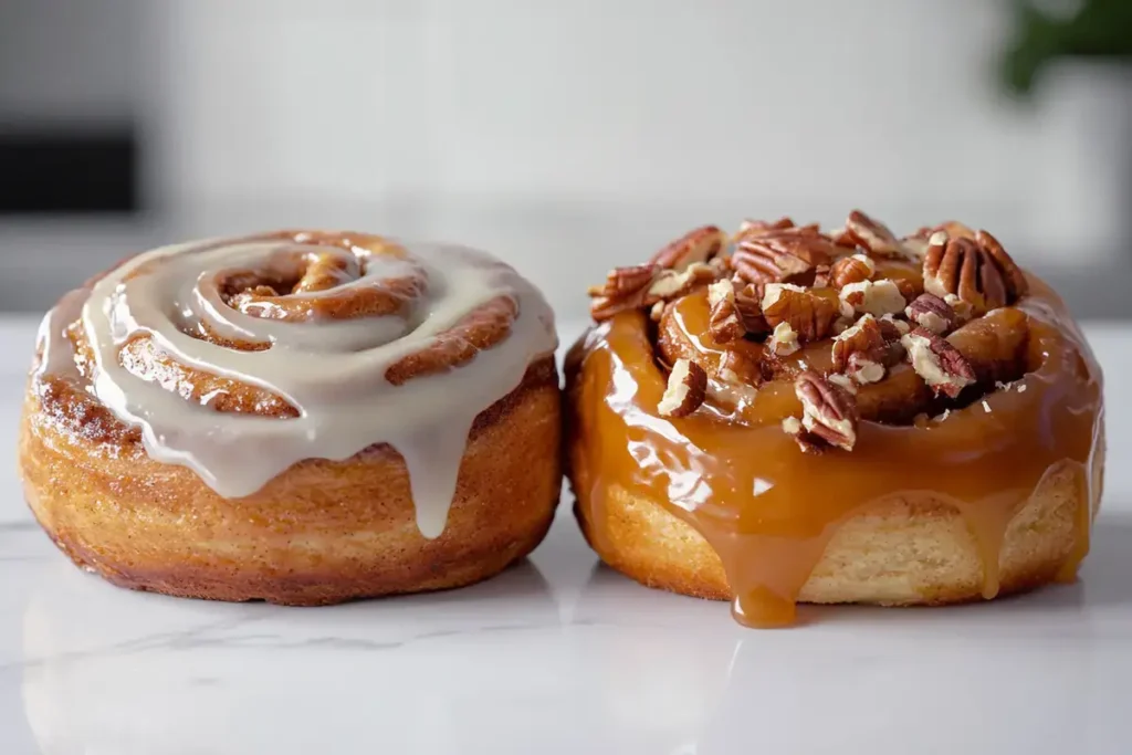 Cinnamon roll with icing and caramel-glazed cinnamon bun side by side