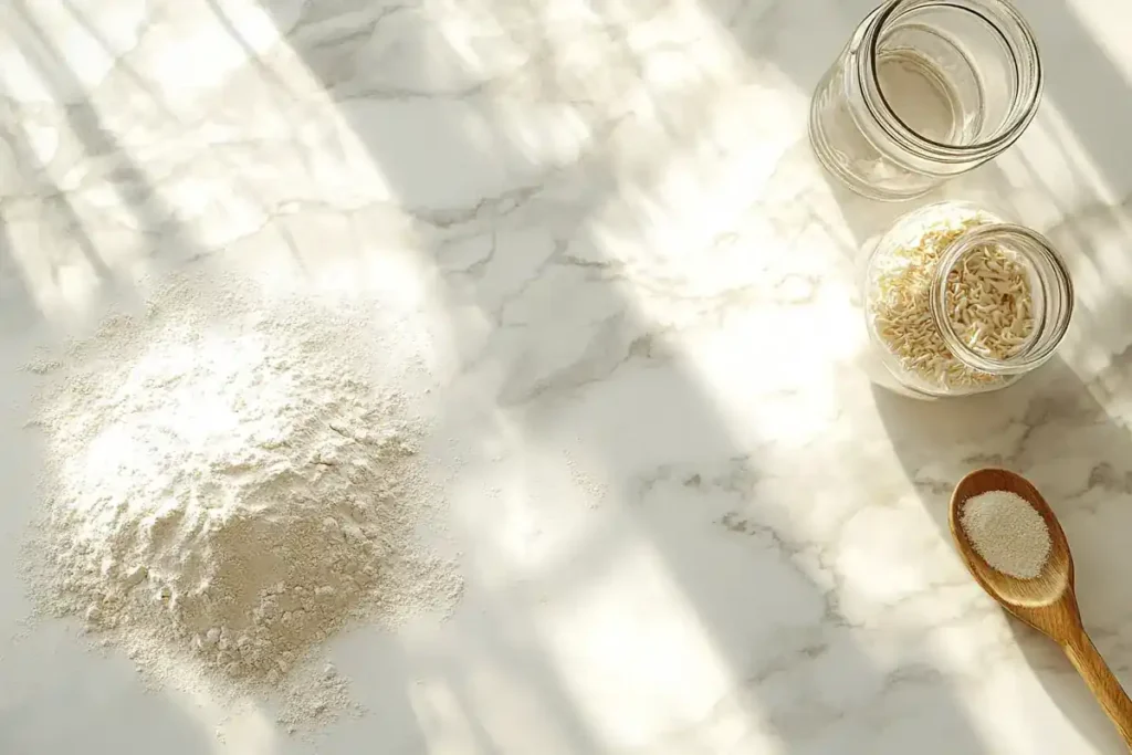 Bread-making ingredients on marble countertop