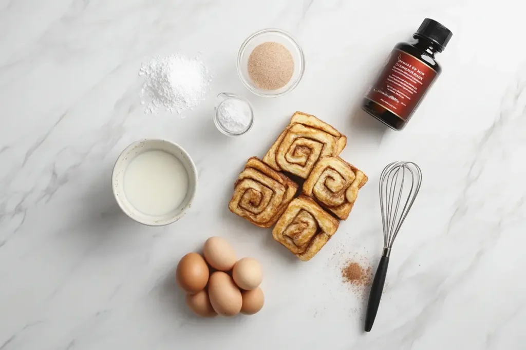 Ingredients for cinnamon roll French toast on marble countertop