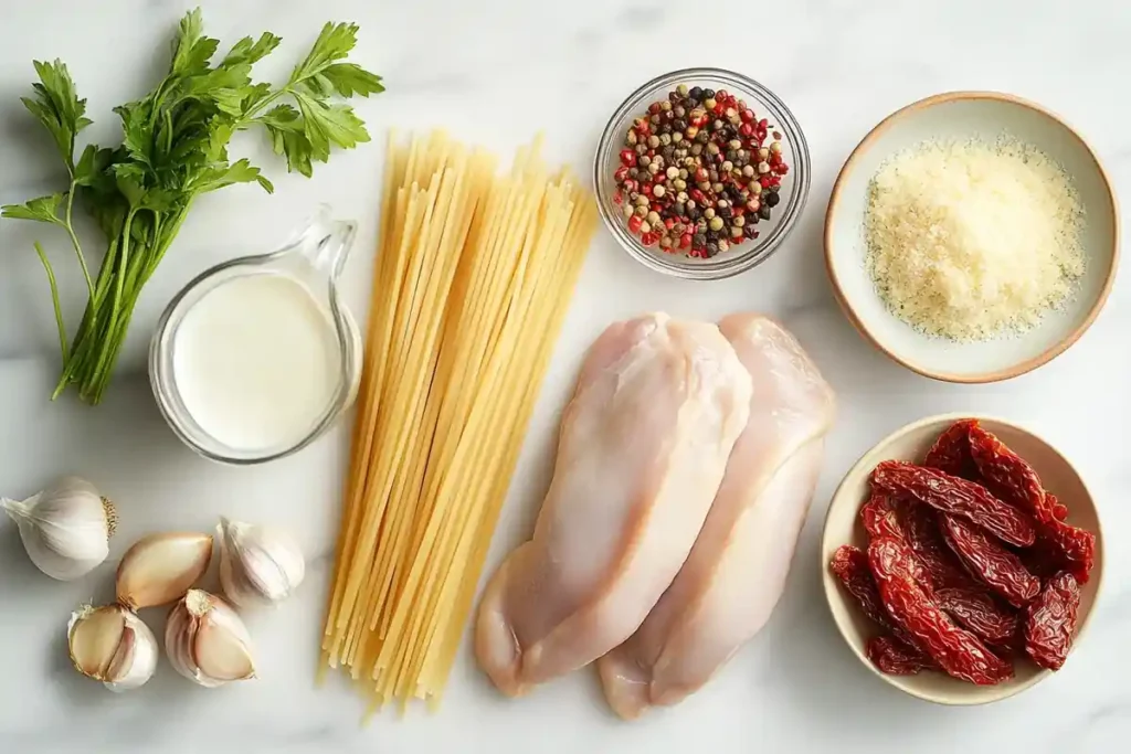 Ingredients for marry me chicken pasta on marble.