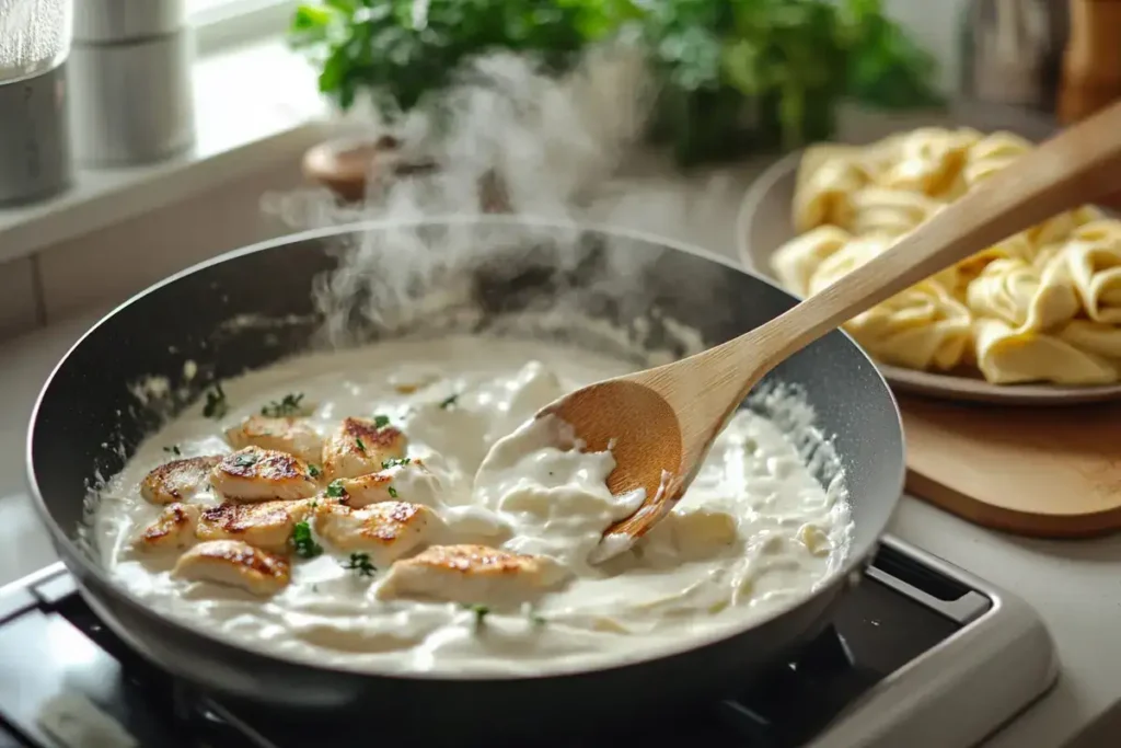  "Cooking Alfredo sauce and tortellini with grilled chicken preparation."