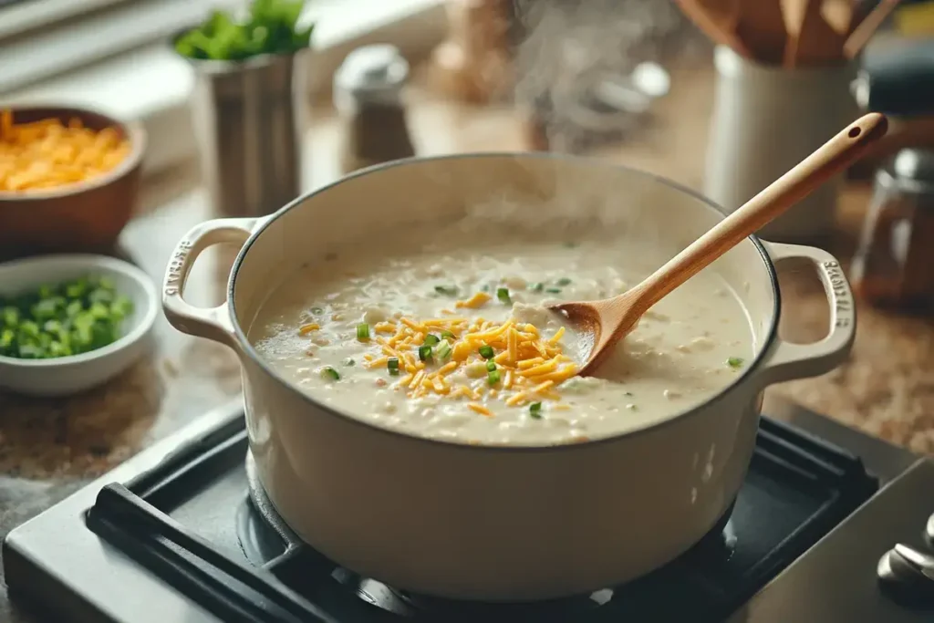 "Pot of loaded potato soup being stirred on a stovetop."