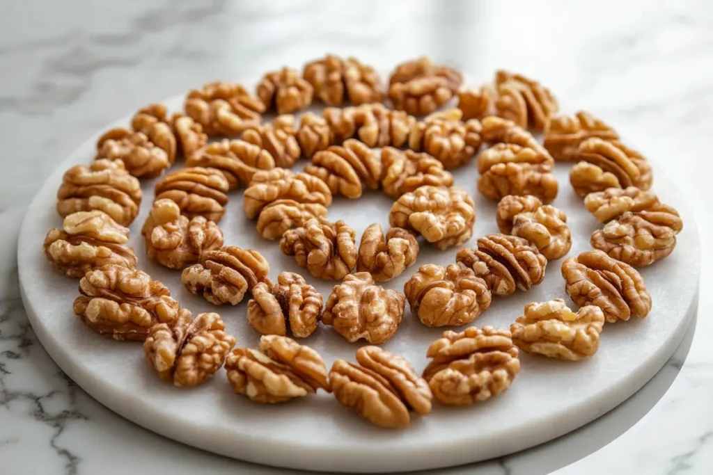 Roasted walnuts arranged decoratively on a marble tray