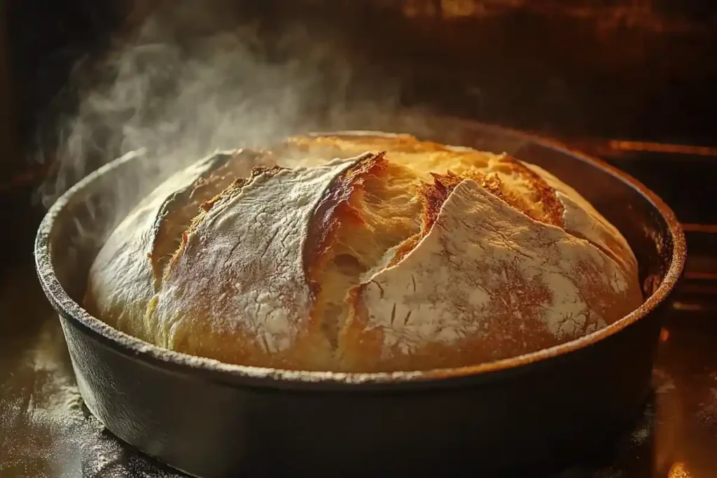 "Artisan bread baking in a Dutch oven with steam rising."