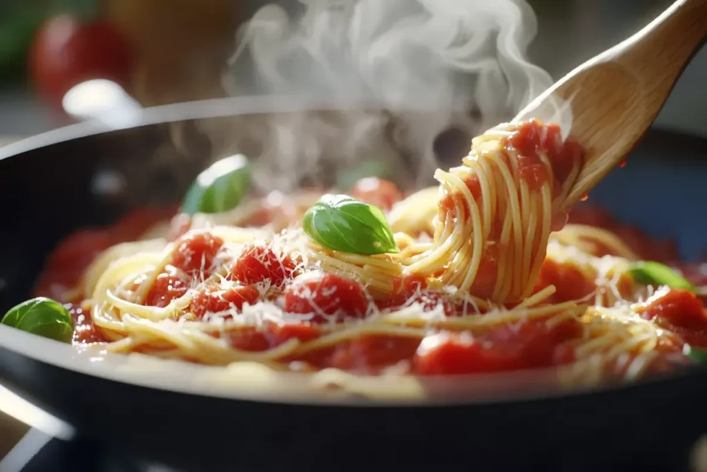 Pasta being tossed with tomato sauce in a skillet