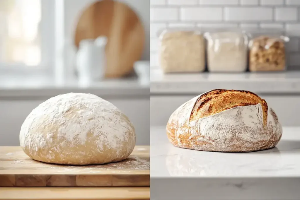 Artisan bread dough rising on a wooden board, with a packaged white bread loaf in the background