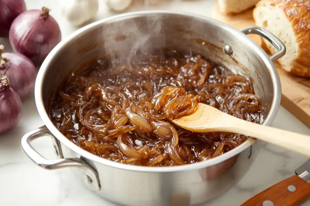 Caramelized onions being stirred in a pot for French onion soup