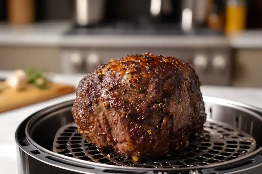 An oversized roast cooking unevenly in an air fryer