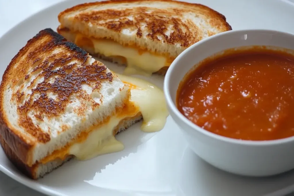 Sliced grilled cheese sandwich with melted cheese oozing out