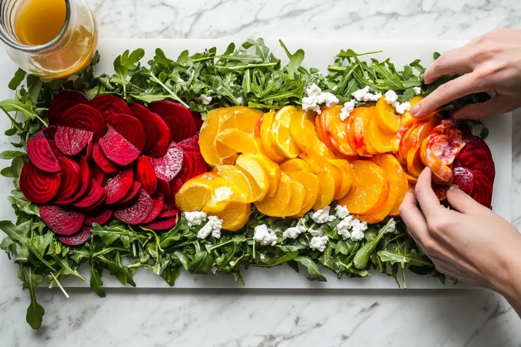 Layering roasted beet slices on greens