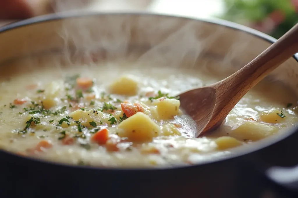 Potato soup simmering in a pot on a stove.