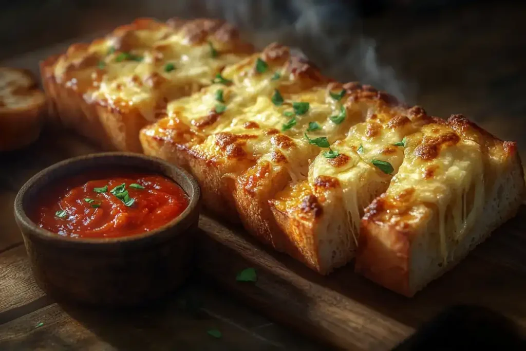 Sliced garlic cheese bread with melted cheese and marinara sauce