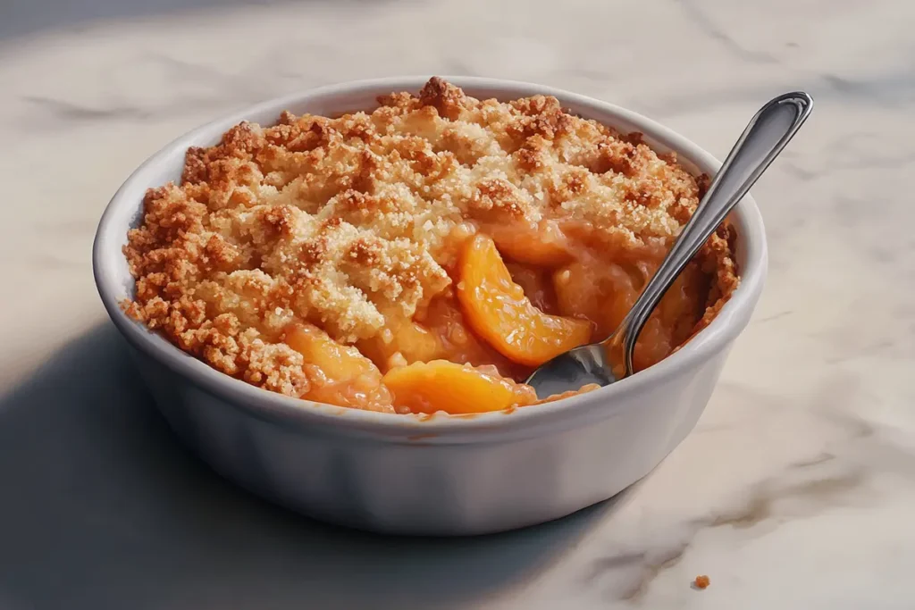 Close-Up of Peach Crumble in Baking Dish