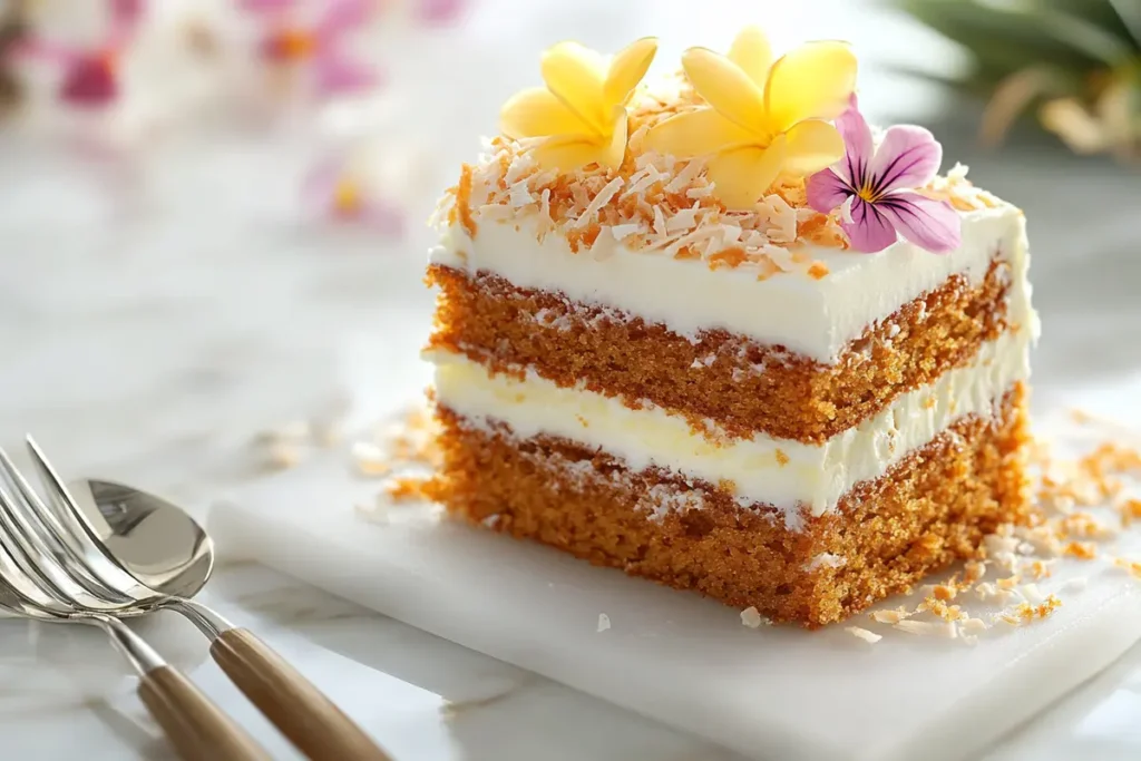 A layered carrot cake with cream cheese frosting and decorative garnishes.