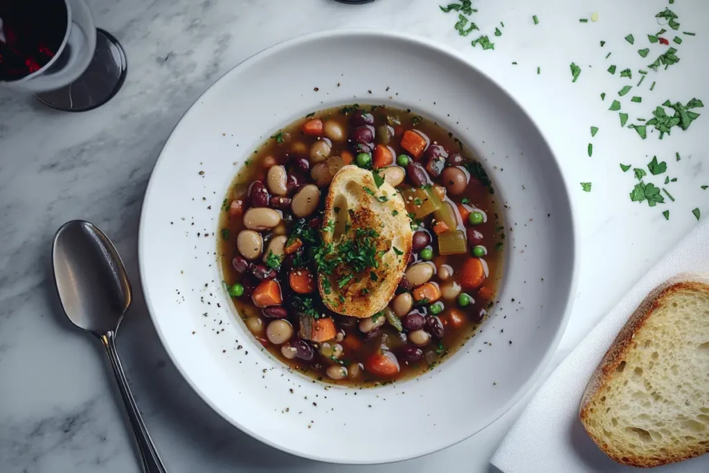 Bowl of soup served with bread and garnished with fresh parsley