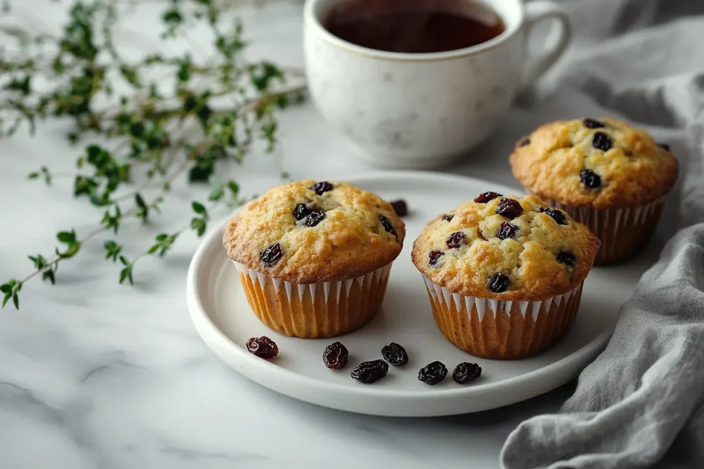 Plate of muffins served with tea on a white marble table