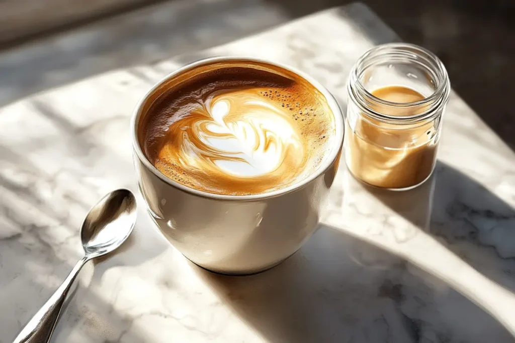 Cup of coffee with a swirl of cream on a white marble table