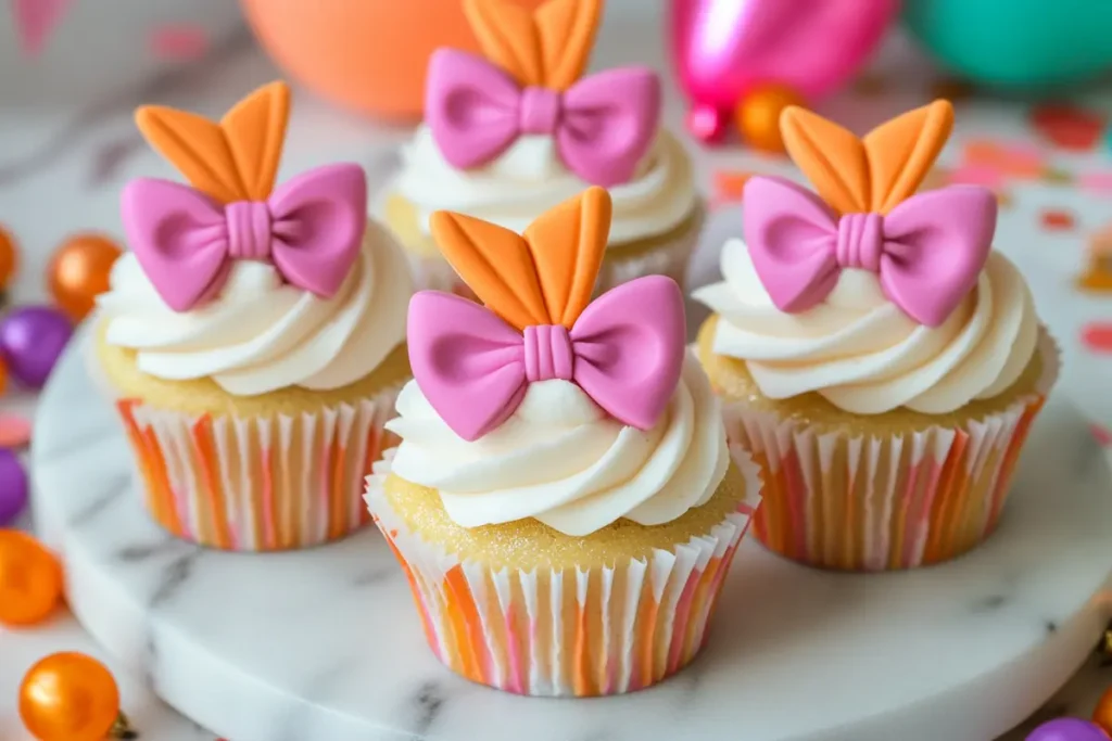 Cupcakes on a marble platter surrounded by party decorations