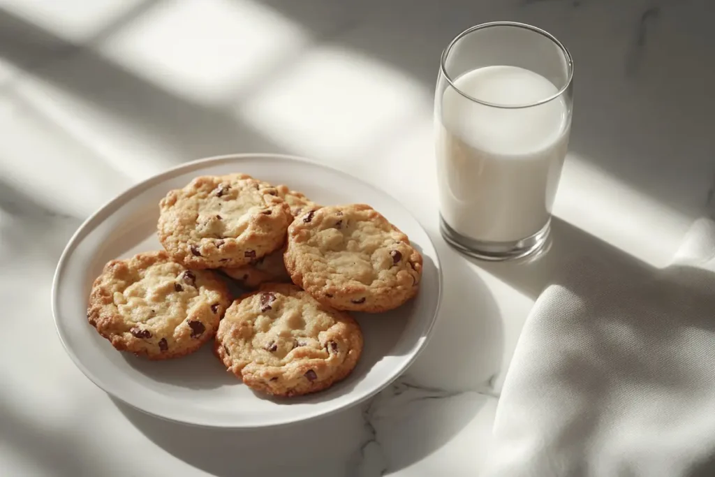 Cookies on a plate with a glass of milk on marble