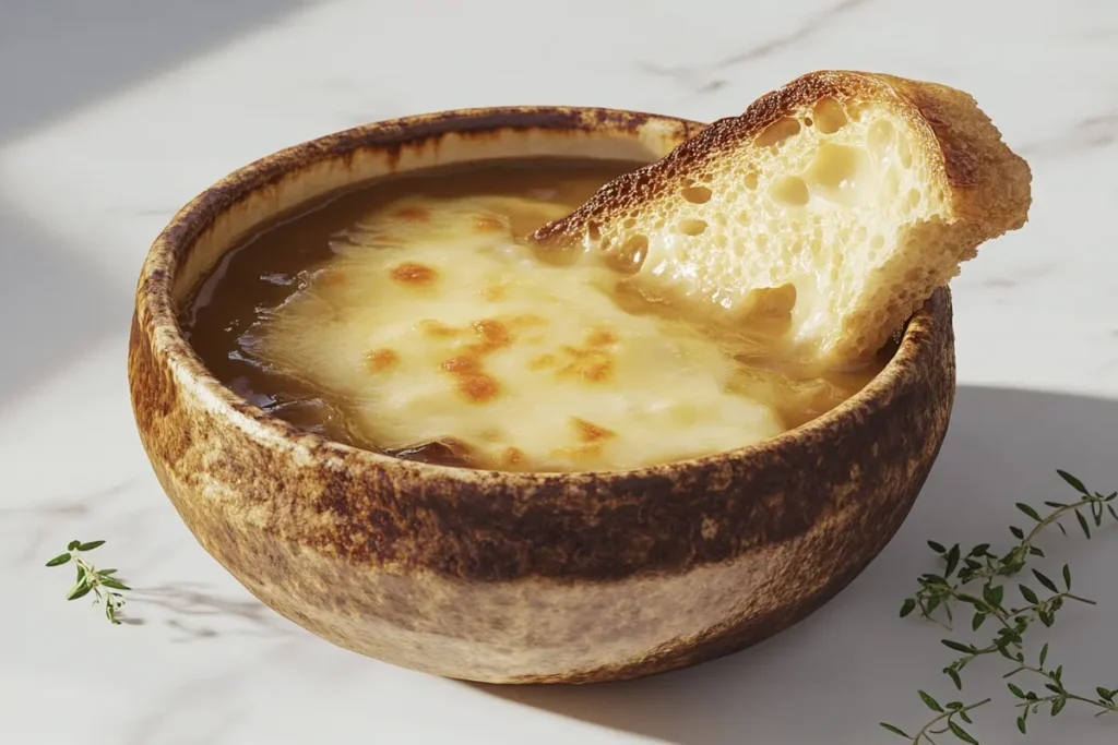 French onion soup served in an oven-safe bowl with melted cheese and toasted bread