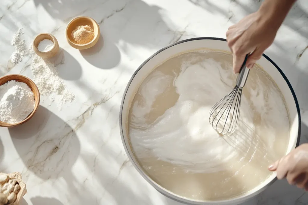 Cornstarch slurry whisked into boiling soup on a marble countertop