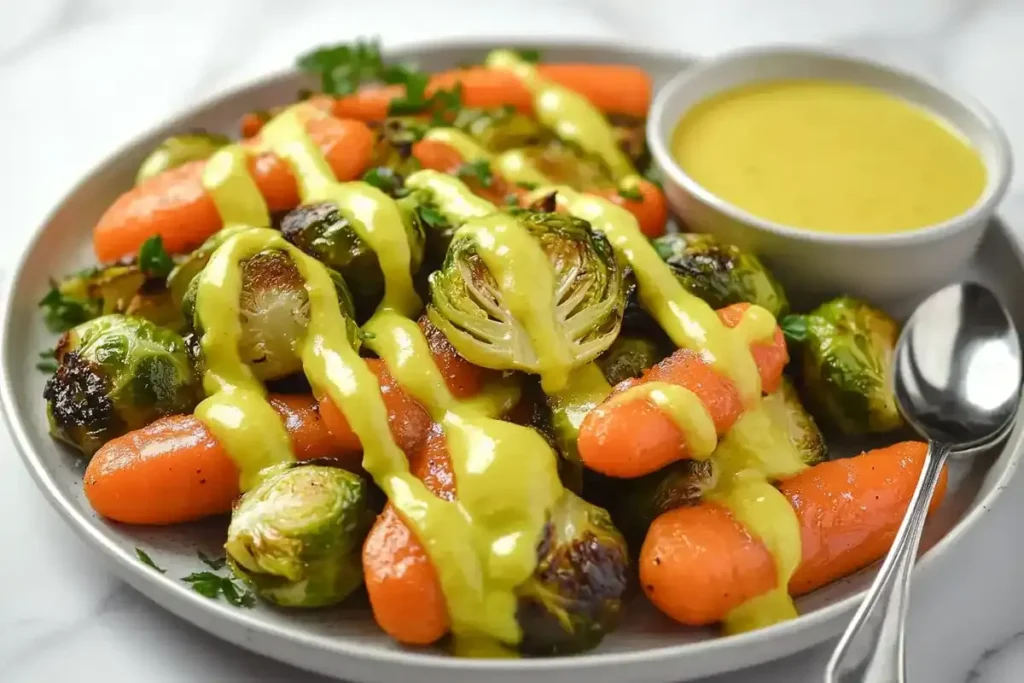 Roasted Brussels sprouts and carrots topped with lemon garlic sauce on a marble table