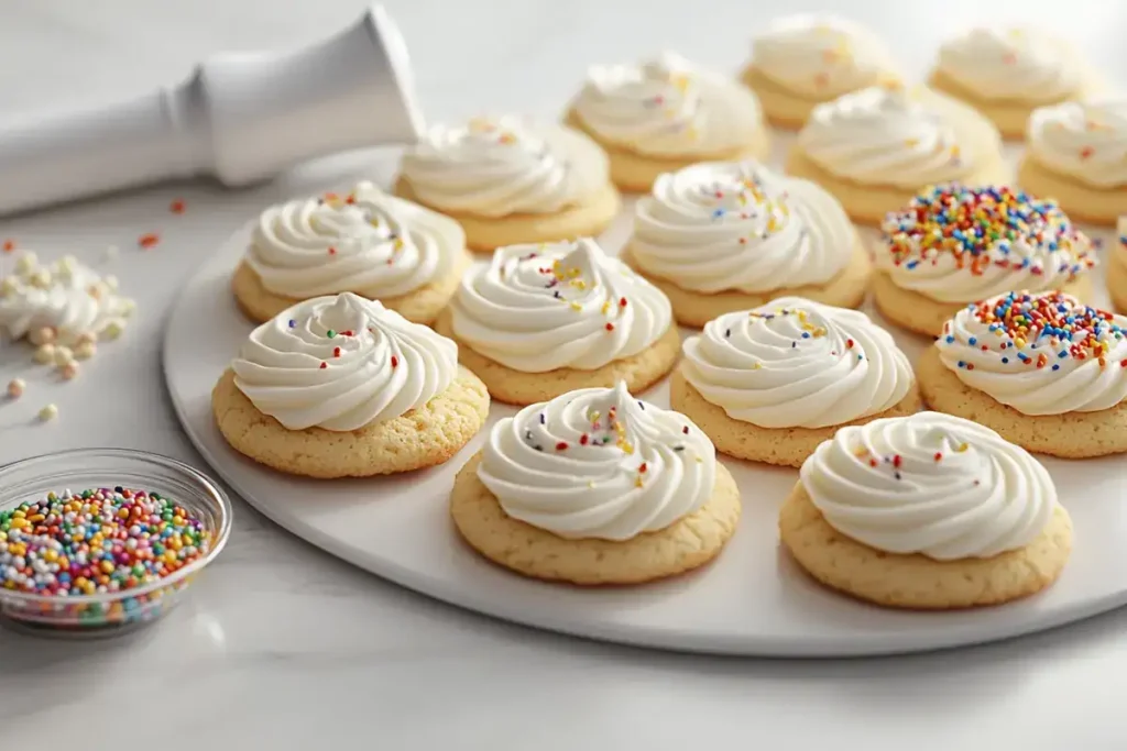 Freshly frosted Crumbl Cookies on a marble plate with sprinkles and piping bag