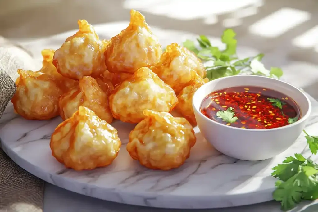 Golden fried dumplings with chili oil on a marble platter