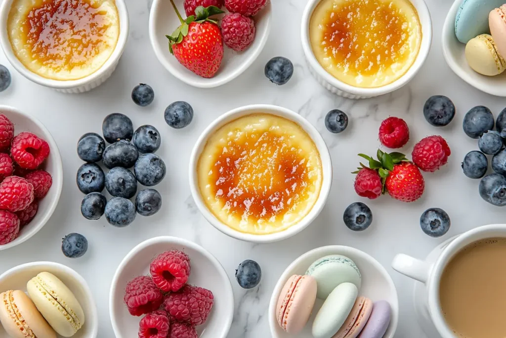 Dessert table featuring crème brûlée, macarons, and fresh berries on marble.