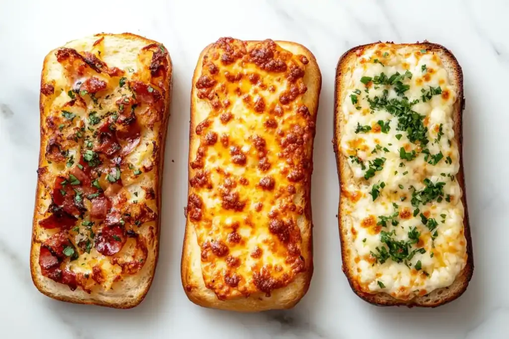 Freshly baked garlic cheese bread garnished with parsley on a white marble counter.