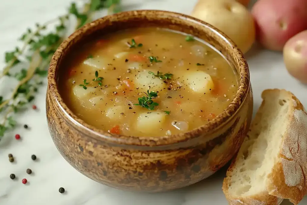 Rustic potato soup served with crusty bread on a white marble surface