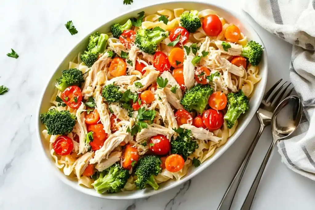 Rotisserie chicken pasta on a platter with vegetables