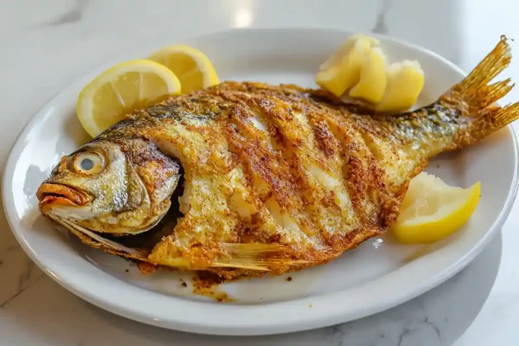 Plated fried fish with lemon wedges and seasoning on white marble