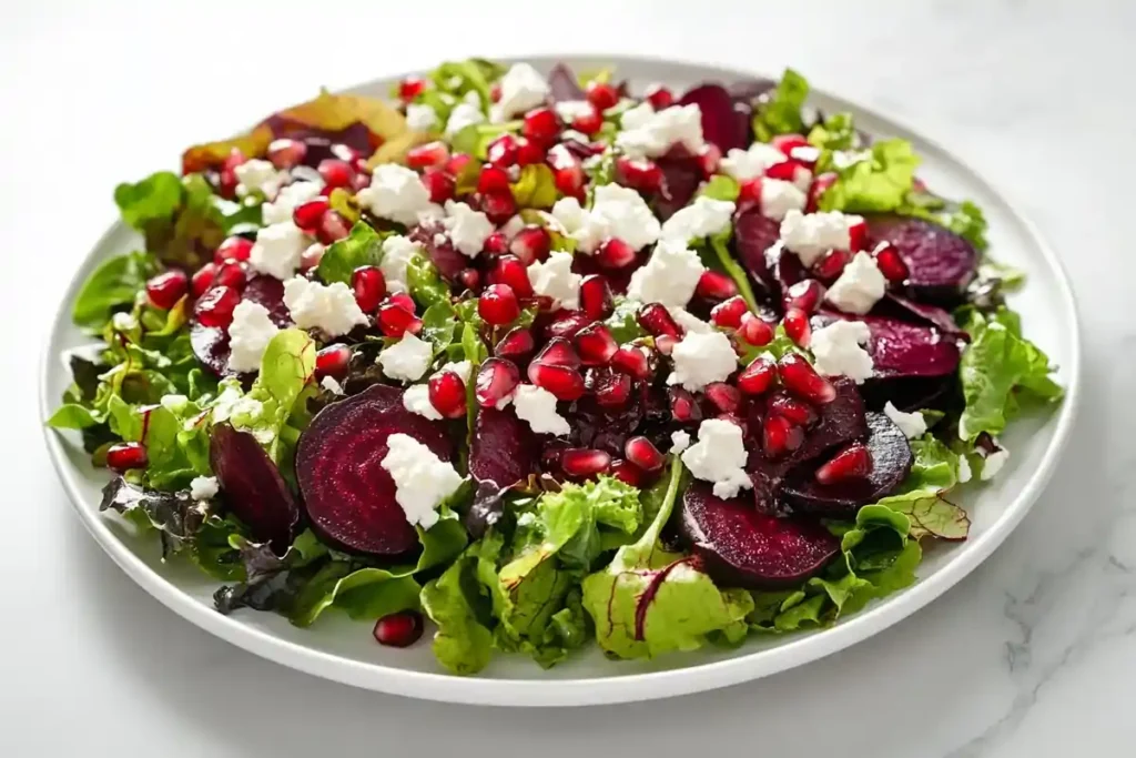 Plated beetroot salad with pomegranate and feta