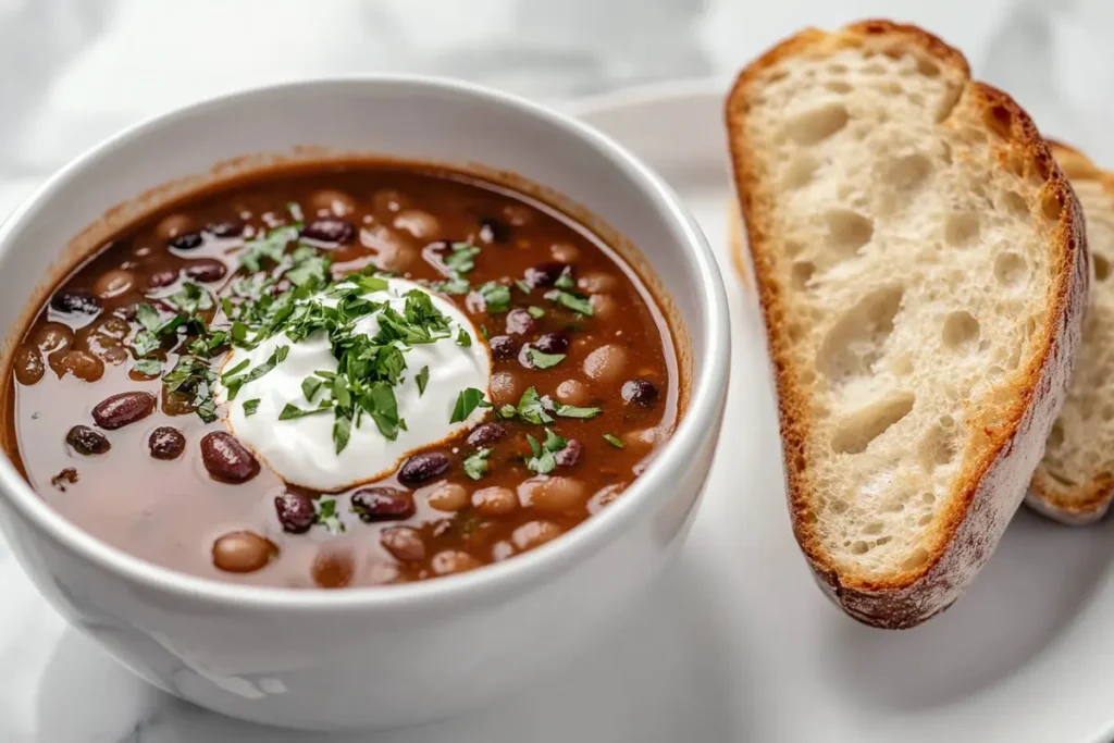 Bowl of soup with a slice of bread and fresh herbs