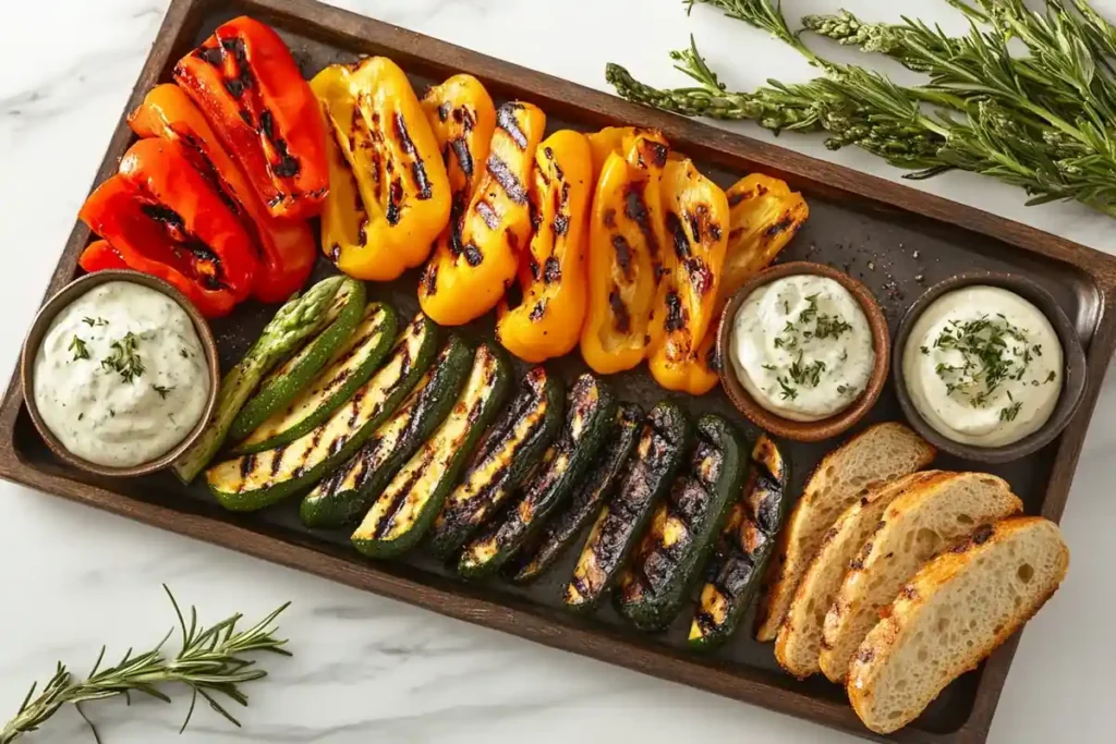 Grilled vegetables served with artisan bread and hummus