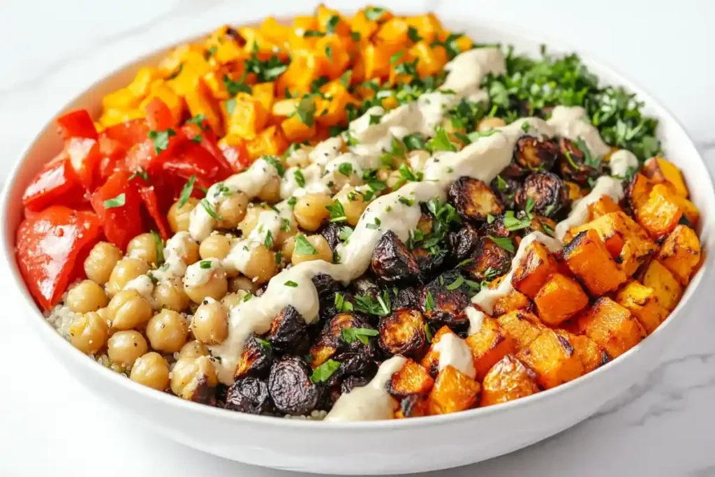 Close-up of vibrant grilled vegetables served with a creamy avocado dressing on a marble plate.