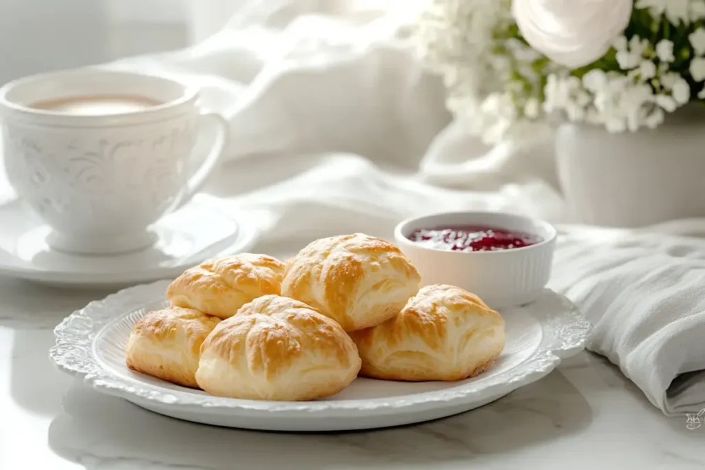 Plate of Gipfeli with coffee and jam on marble table