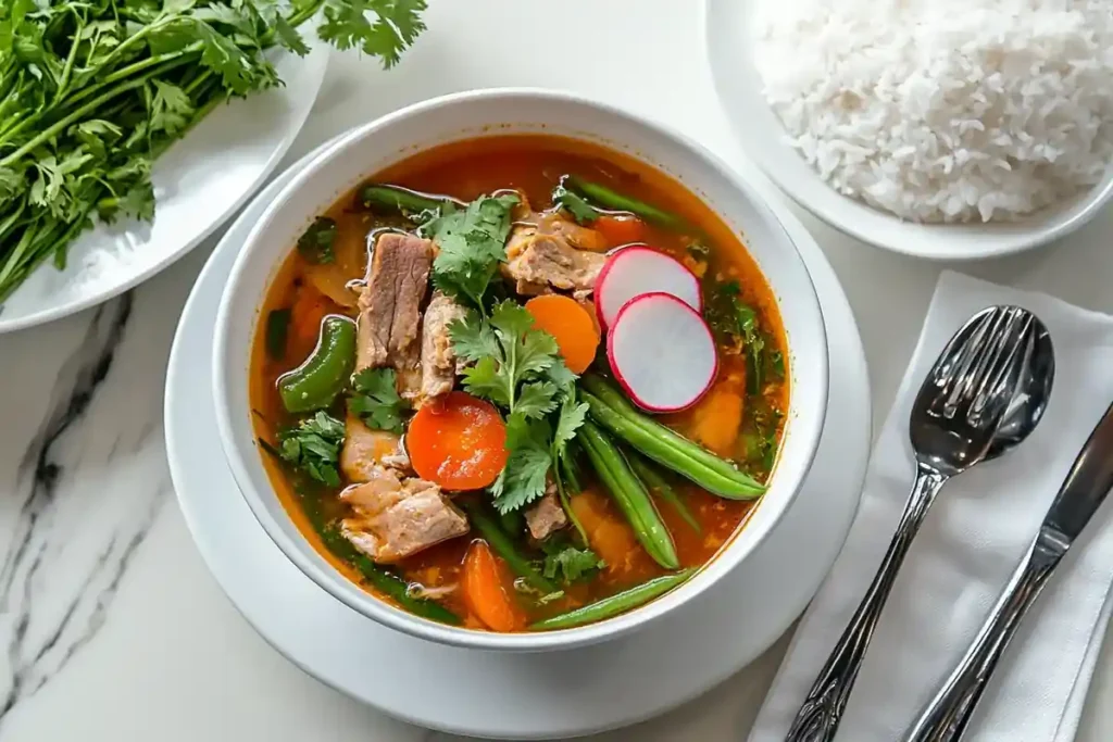 Served Sinigang soup with rice on a marble table