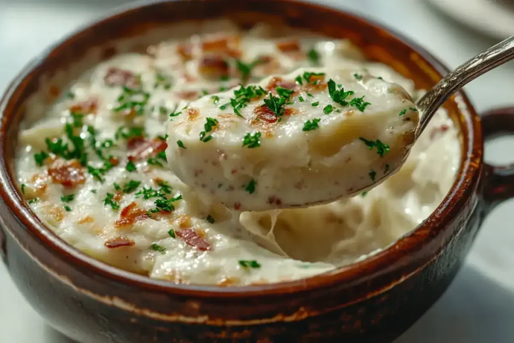 A bowl of potato soup served with bread on a white marble dining table.
